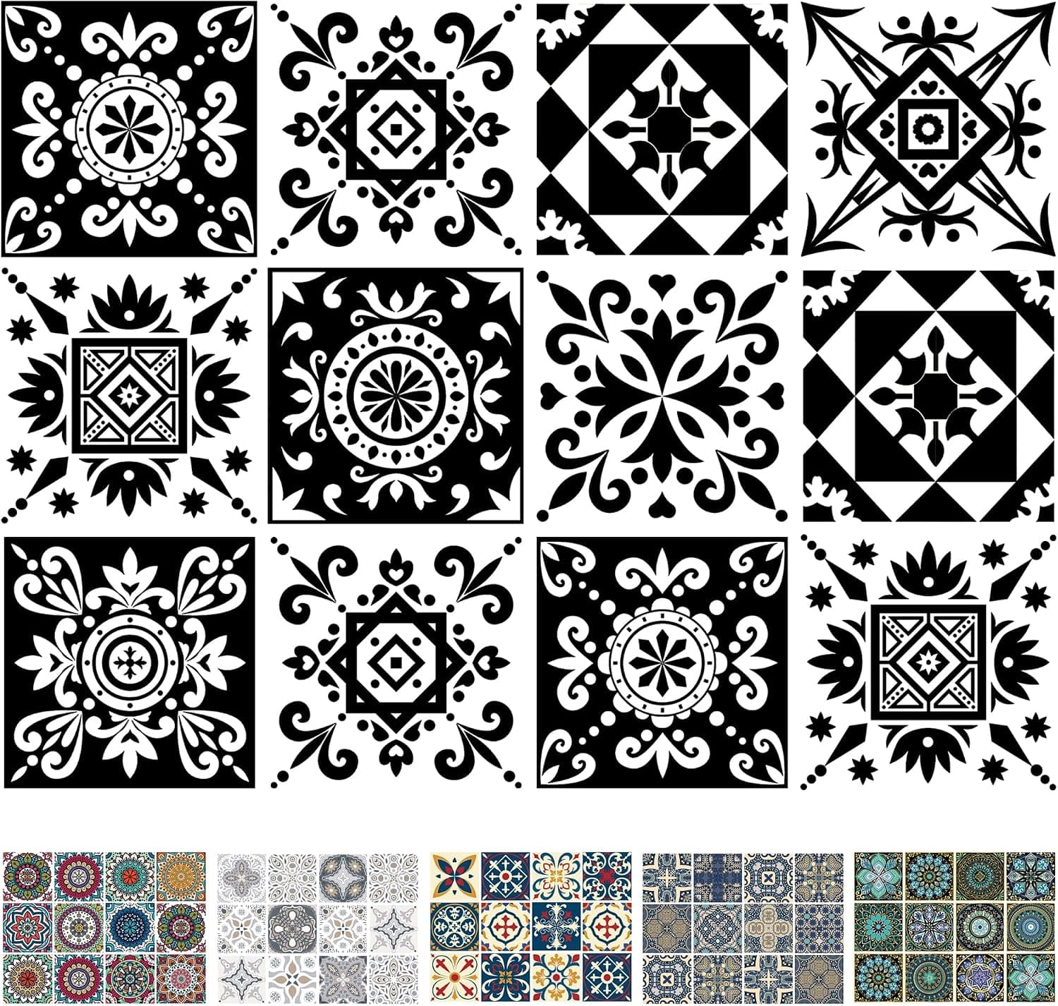 AINNO Decorative Tile Sticker, Removeable Waterproof Vinyl Self Adhesive Wall Tile Decals，12 Pcs 6x6 inch Peel and Stick Backsplash for Kitchen Bathroom Home Decor Black White