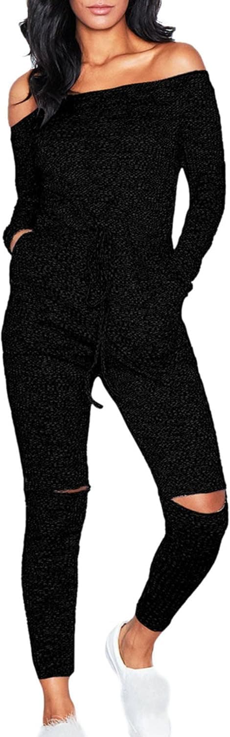 IyMoo Women's Fashion Long Sleeve Off-Shoulder Drawstring Jumpsuits Rompers Knee Hole Pants