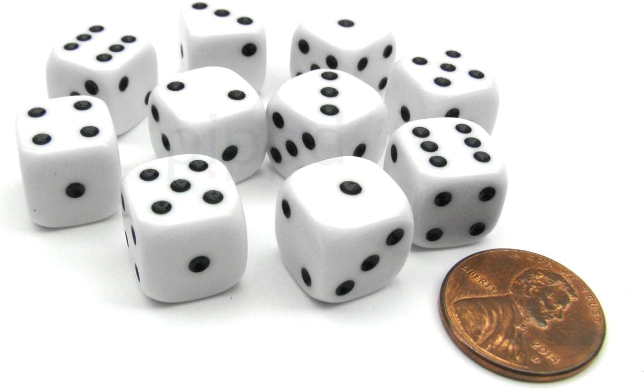 Pack of 10 12mm Round Edge Opaque Small Dice - White with Black Pips
