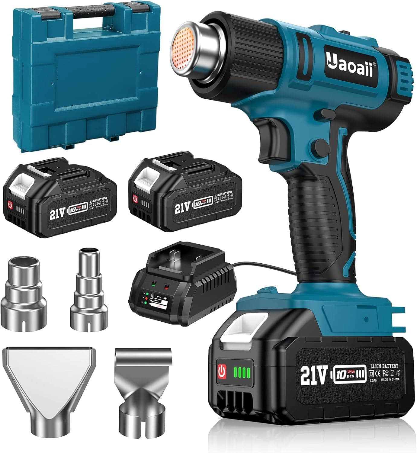 Cordless Heat Gun, Uaoaii 21V Hot Air Gun w/ 2x 4.0Ah Rechargeable Battery, 4 Nozzle, Led Light & Suitcase, 2-Temp Setting Max 1022°F(550°C) Heat Gun for Crafts, Shrink Tubing, Resin & Decorating