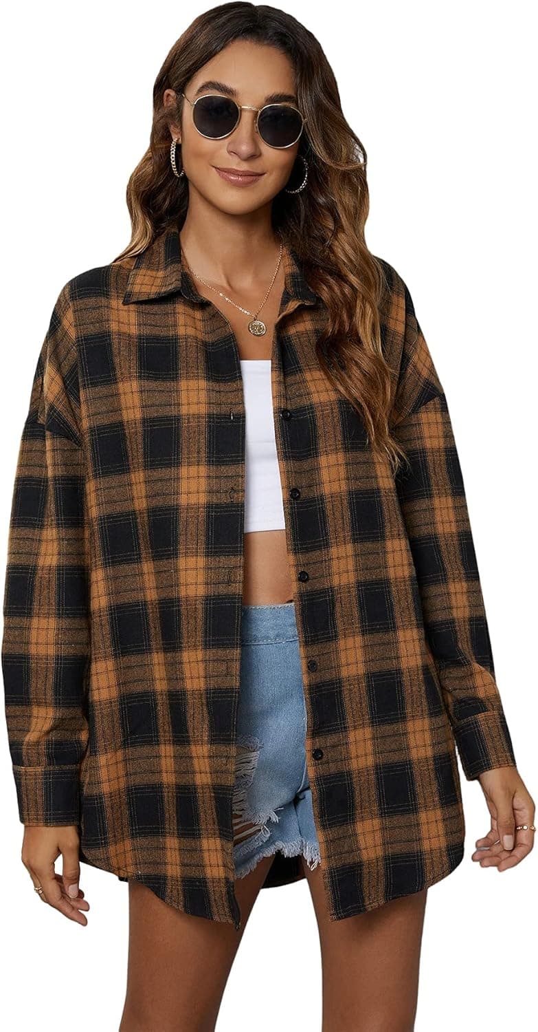SheIn Women's Long Sleeve Button Front Plaid Blouse Drop Shoulder Lapel Collar Top