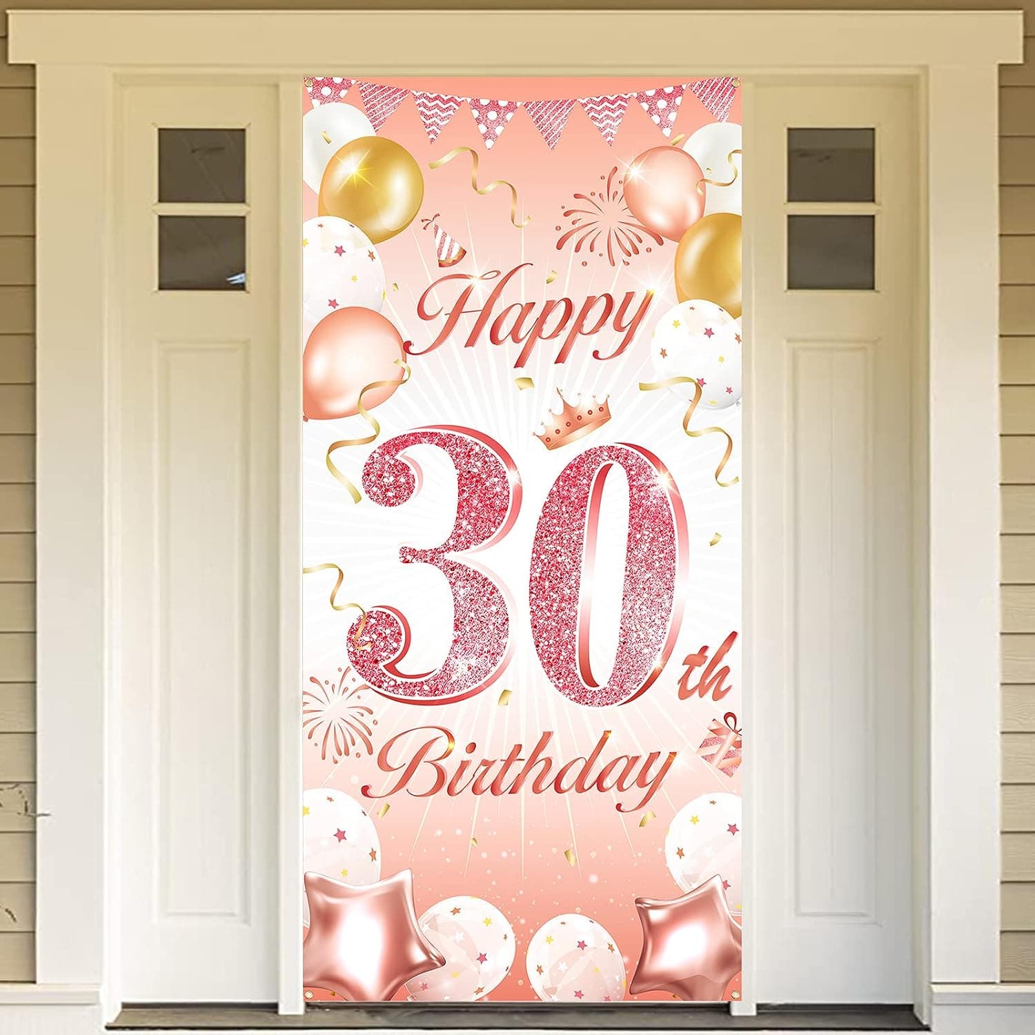 DPKOW Rose Gold 30th Birthday Party Decoration for Woman, Rose Gold 30th Birthday Banner for Backdrop Door Decoration,30th Birthday Background Banner for Garden Wall Decoration, 185 x 90cm Fabric