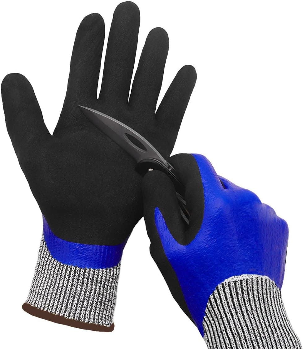 Waterproof Work Gloves, Superior Grip Coating Cut Resistant Liner Level 5 Protection Safety Protection for Garden Wood Glass Auto Multi-Purpose.