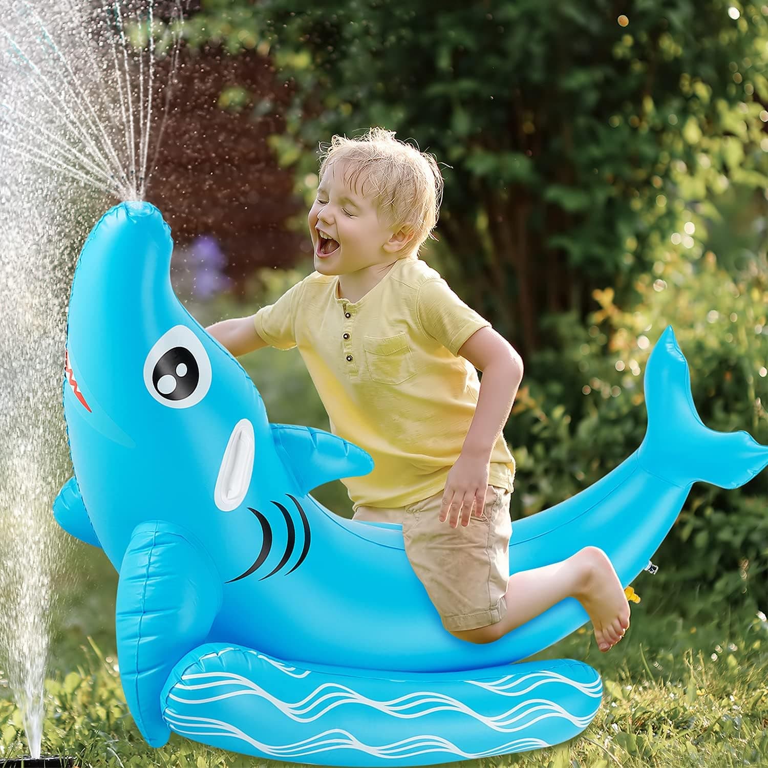 LITTLELOGIQ Water Sprinkler for Kids, Large Inflatable Sprinklers for Yard, Shark Giant Pool Float, Big Outdoor Water Toys with Handles, Suitable for Kids, Adults, Backyard, Outside, Garden