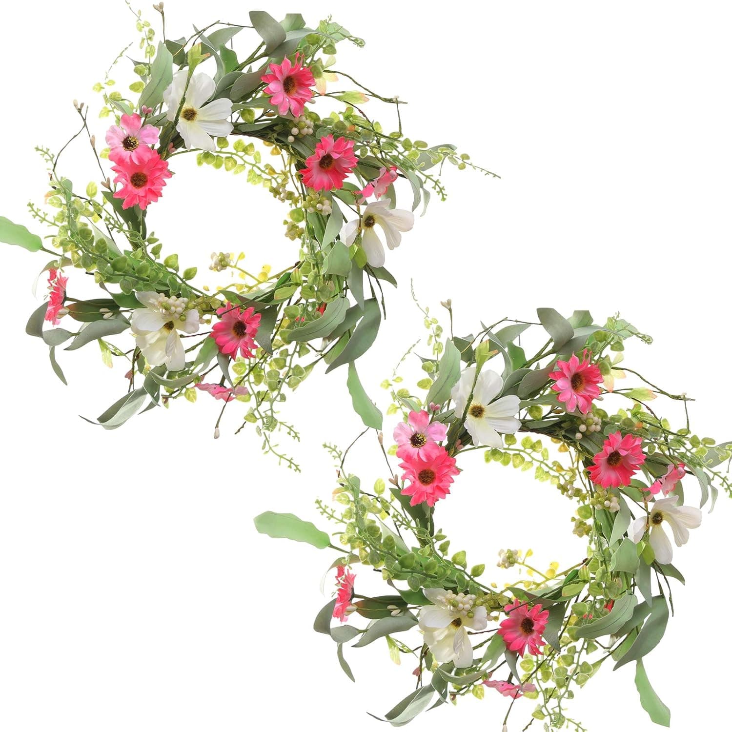 LecoDiy 2 Pack Spring Wreath 15 Inches with Cream & Pink Artificial Floral, Berry & Green Leaves for Welcome All Seasons Outdoor & Indoor Romantic Rustic Small Front Door Decor