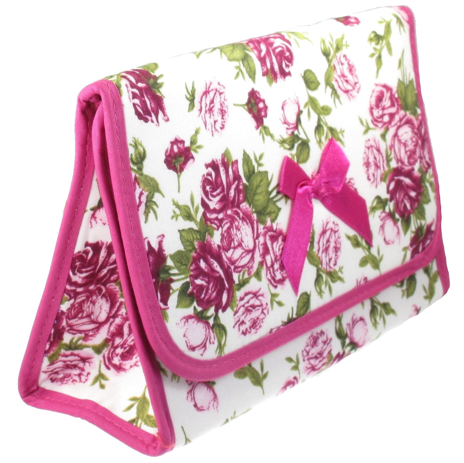 Cosmetic Bag with a Mirror, Cotton Fabric, Large Size, Pink Rose