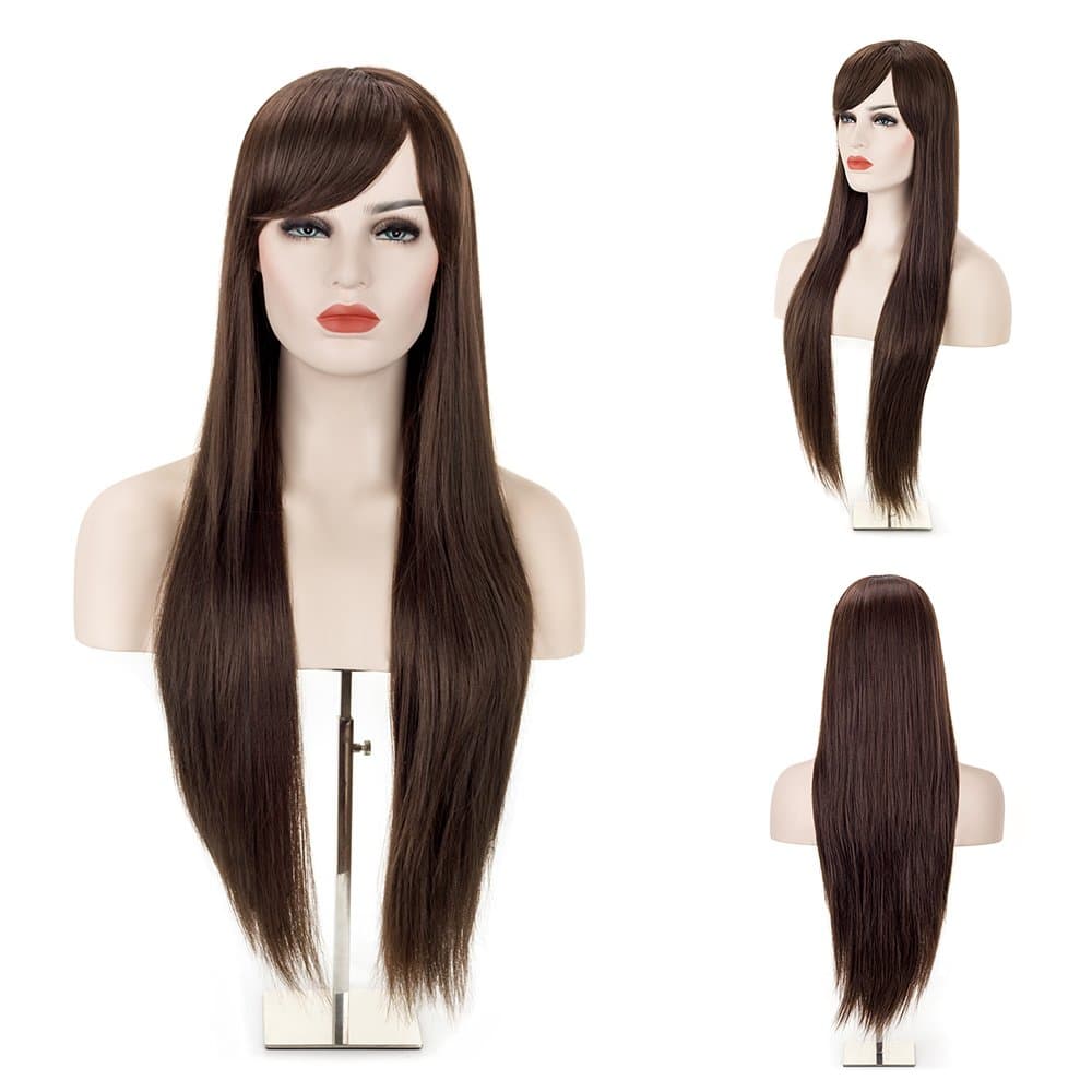 MelodySusie Blonde Long Curly Wavy Wig for Women Girl, 34 Inches Synthetic Hair Replacements Wigs with Side Part Bangs Daily Halloween Cosplay Costume Wig with Free Wig Cap,Light Blonde (Dark brown)