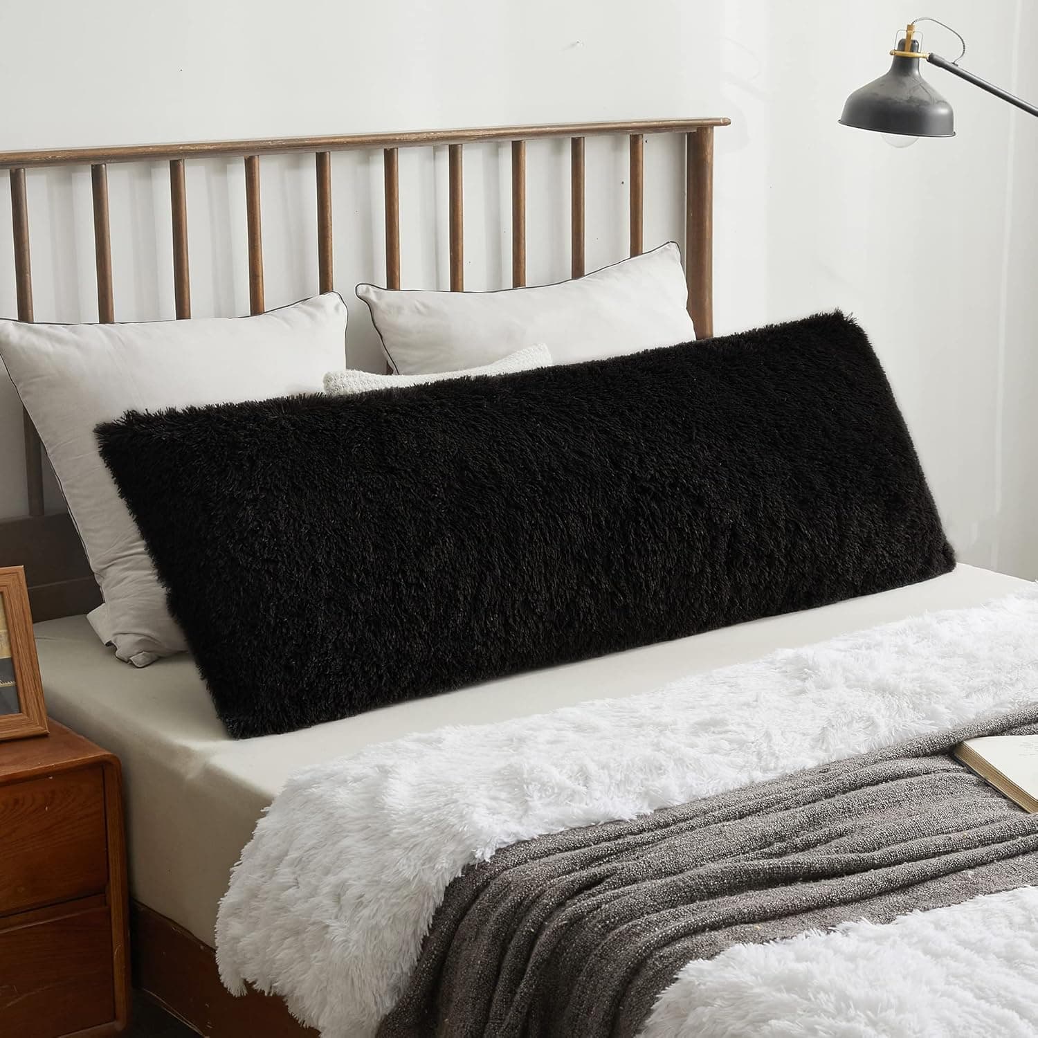 XeGe Soft Plush Body Pillow Cover, 21x54 Big Fluffy Body Pillowcase, Boho Faux Fur Fuzzy Long Decorative Pillow Sham for Bedroom Sofa Couch, Solid Shaggy Throw Bed Pillow Case Black