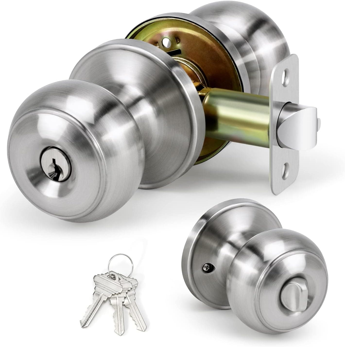 LOQRON Keyed Entry Door Knob for Entrance, Front Doorknob with Lock and Key for Exterior & Interior Right and Left Side Bedroom, Living Room, Satin Nickel,1 Pack