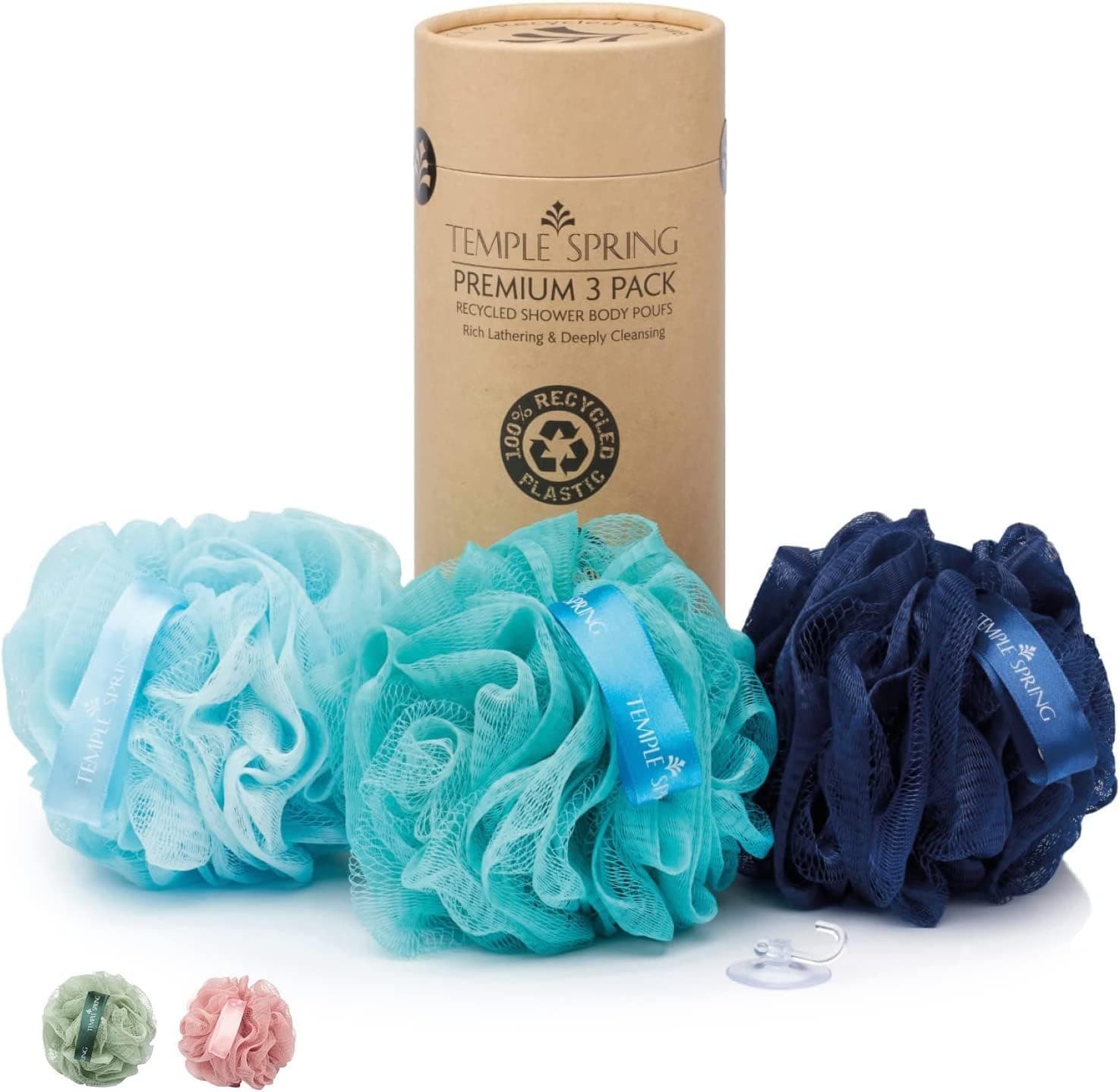 Shower Loofahs - 3 pack Natural Recycled Shower Poufs and Skin Scrubber Set for Men and Women - Exfoliating Body Bath Scrunchies Sponges for Bathroom & Shower