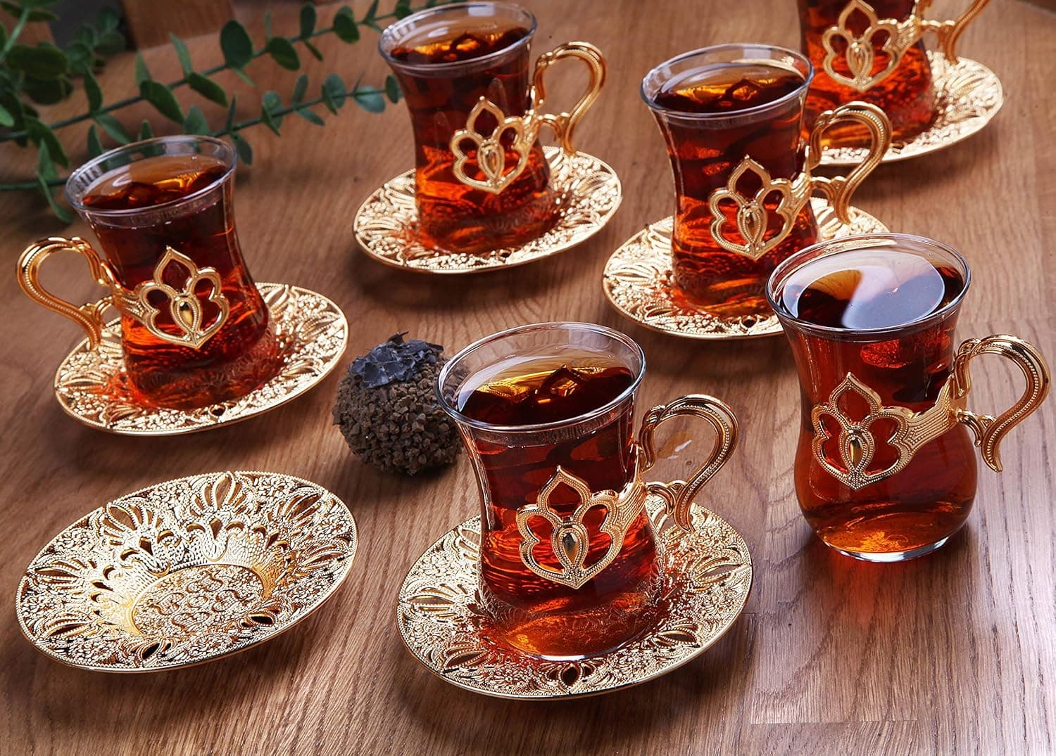 LaModaHome Turkish Arabic Tea Glasses Set of 6 with Gold Holders and Saucers - Fancy Vintage Handmade Set, Glass Tea Cup, Gift, Teatime