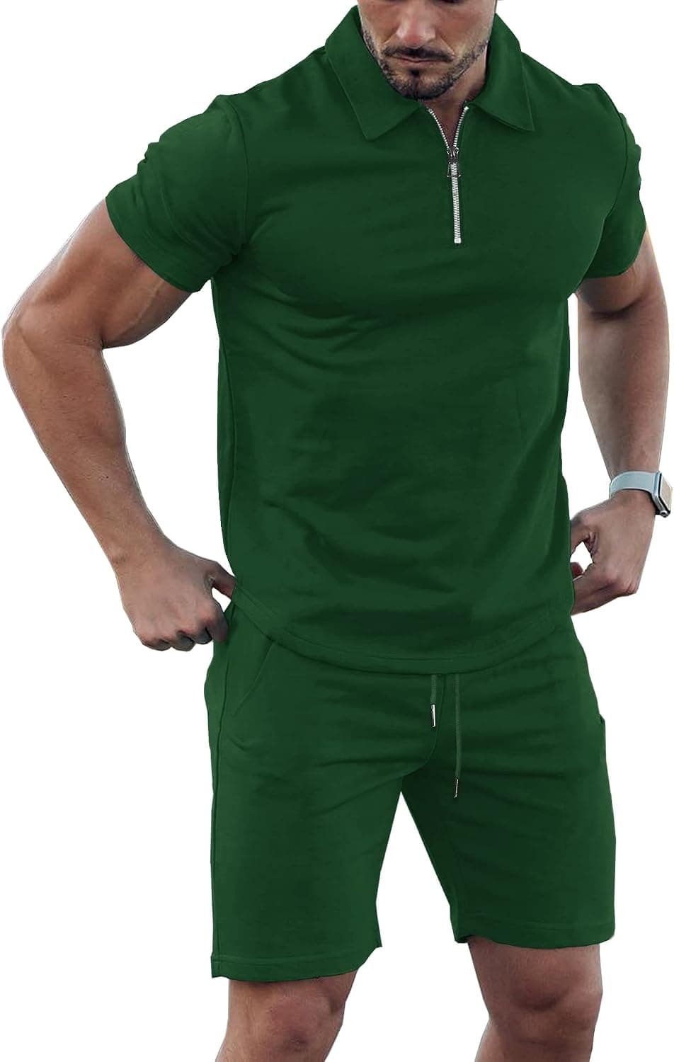 URRU Mens Short Sleeve Casual Polo Shirt and Shorts Sets Two Piece Summer Outfits Zip Polo Tracksuit Set for Men S-XXL