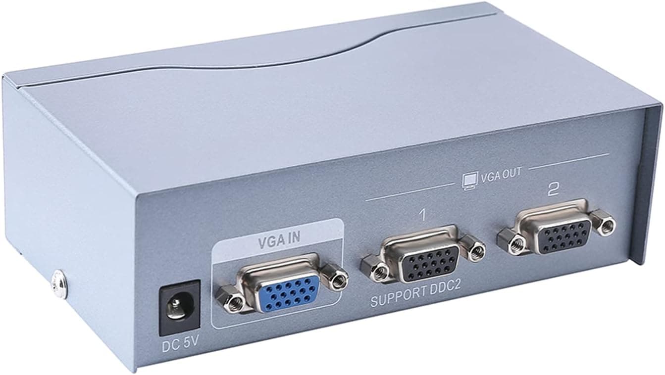 DTECH 2 Way Powered VGA Splitter Amplifier Box High Resolution 1080p SVGA Video 1 in 2 Out 250 Mhz for 1 PC to Dual Monitor Computer