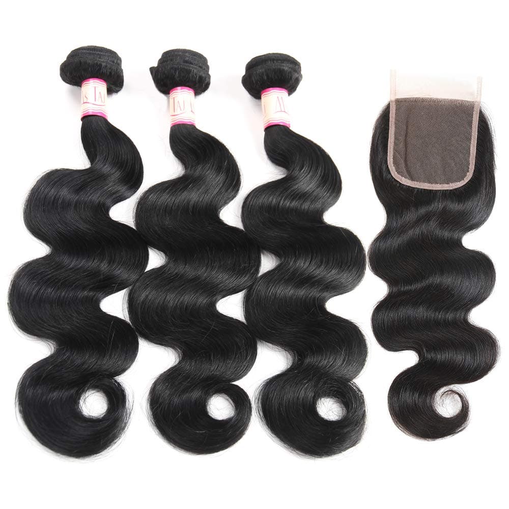 Ms Taj Peruvian Virgin Hair 3 Bundles With Closure,10A Peruvian Body Wave With Closure Free Part Unprocessed Virgin Human Hair (12/12/12+10)