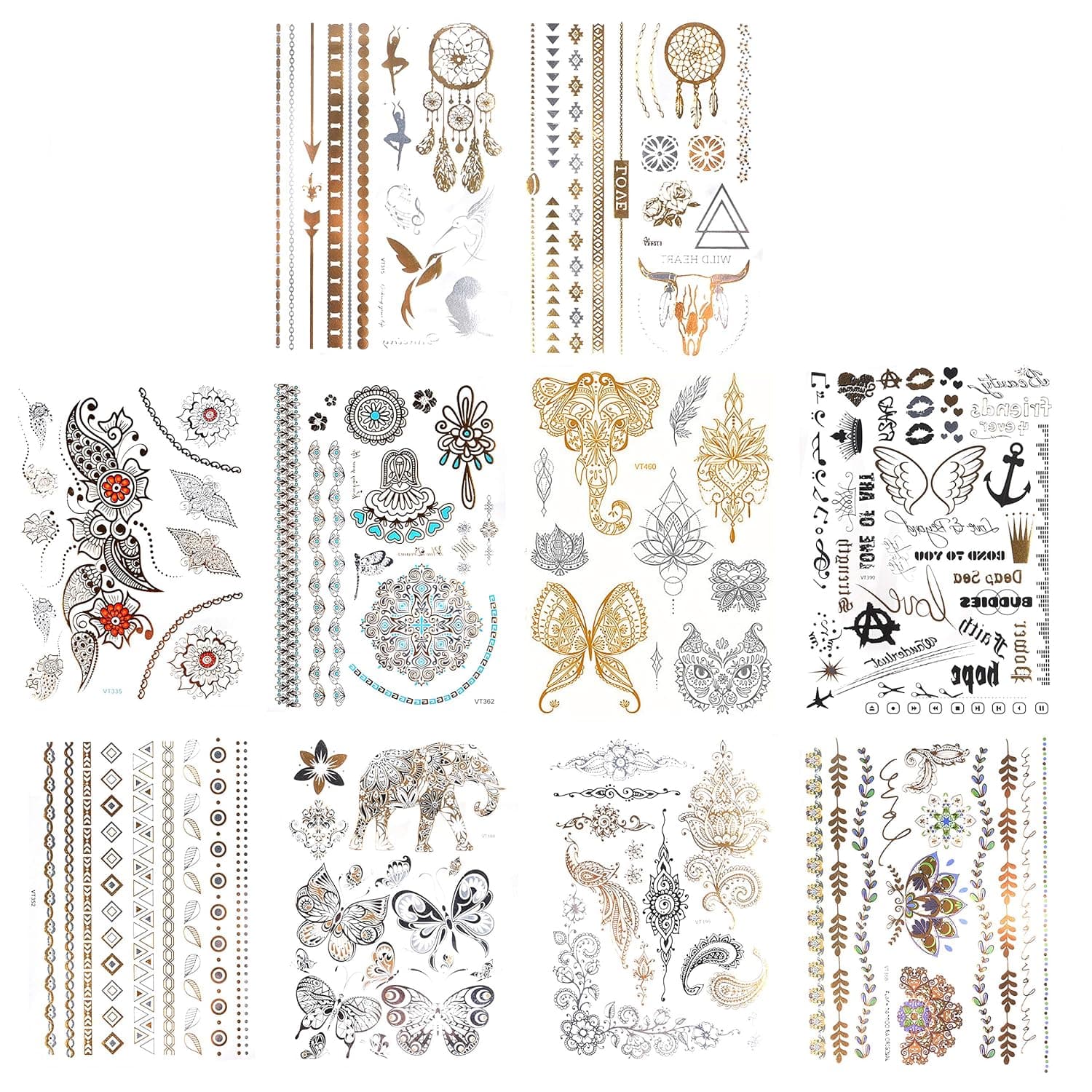 Kare & Kind Temporary Metallic Henna Tattoos for Women Teens Girls - 10 Sheets - Glitter Shimmer Designs Jewelry Fake Tattoo Stickers - 150+ pcs Waterproof Color Flash - Bracelets, Necklace, Anklets