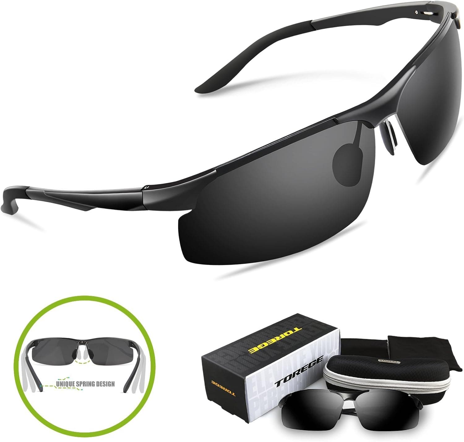 Torege Men's Sports Style Polarized Sunglasses For Cycling Running Fishing Driving Golf Unbreakable Al-Mg Metal Frame Glasses M291 (Black)