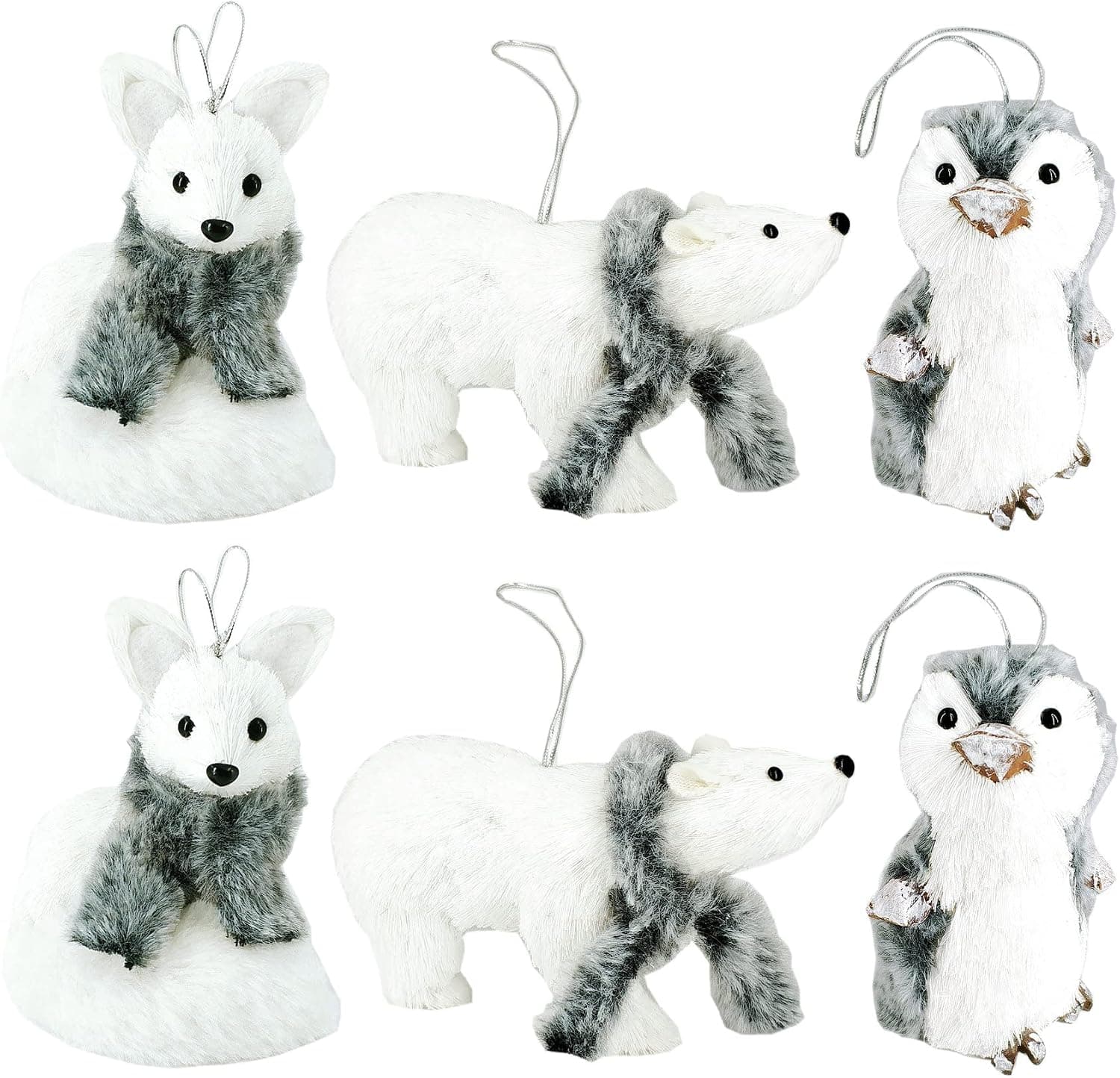 Nature Vibe Sisal Polar Animals Figurines Set Hanging Christmas Tree Ornaments, Set of 6 Natural Arctic Animals with Fur Scarf as White Christmas Ornaments,Gifts for Festival, White & Grey