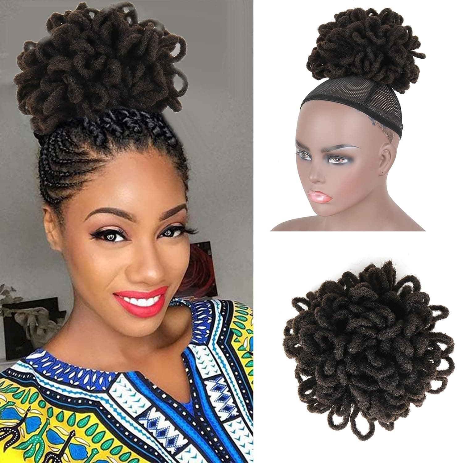 Dreadlocks Bun Afro Puff Drawstring Ponytail Hair Locs Braids Bun for Black Women Synthetic Clip in Hair Extensions (4#)