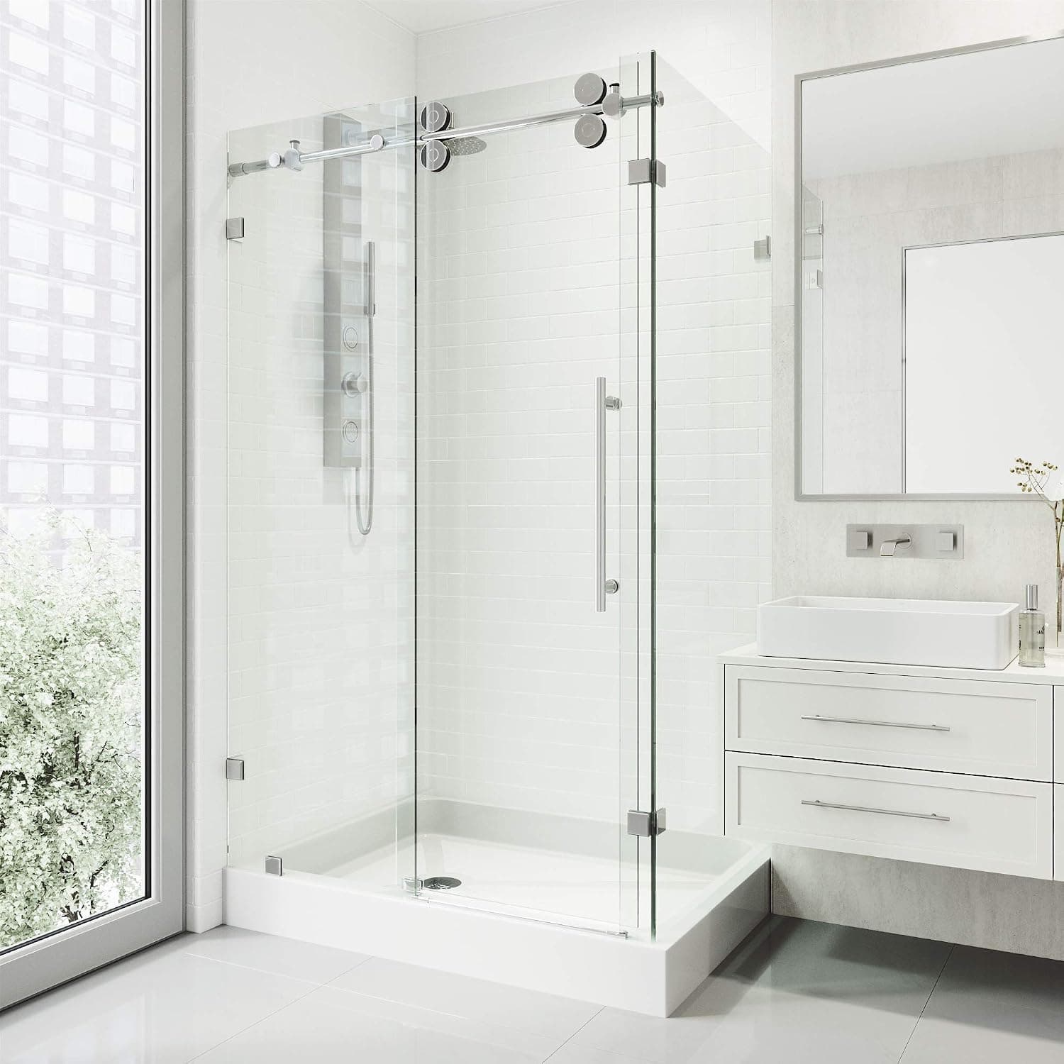 VIGO VG6051CHCL48WL 36.13" -48.13" W -79.38" H Frameless Sliding Rectangle Shower Enclosure with Clear 0.38" Tempered Glass and Stainless Steel Hardware in Chrome Finish with Right Handle and Base
