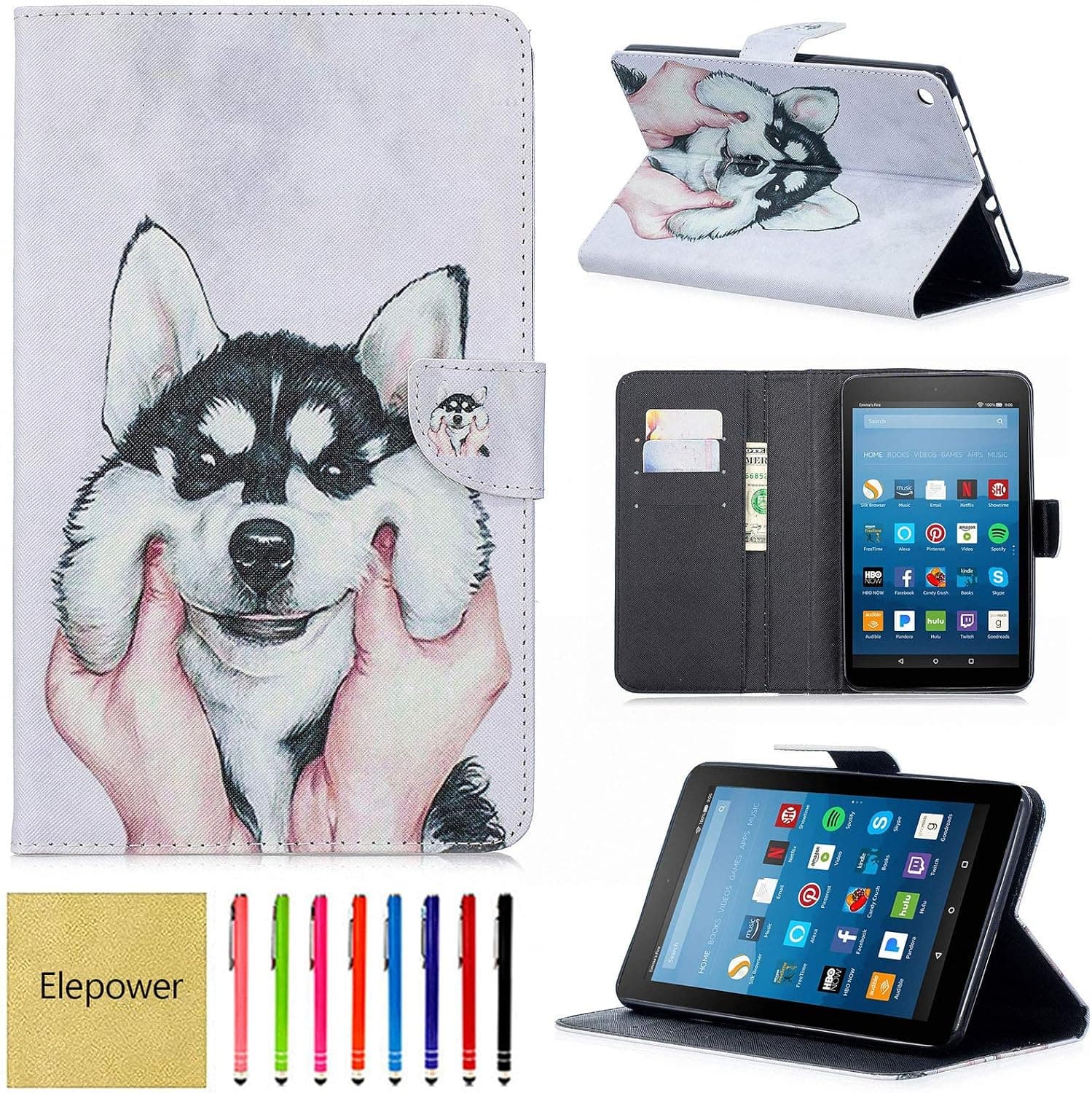 Elepower Case for Fire HD 8 2017/2016/2015, Premium Slim Lightweight PU Leather Folio Standing Magnetic Wallet [Card Slots] Cover for All-New Kindle Fire HD 8 7th/6th/5th Generation, Husky