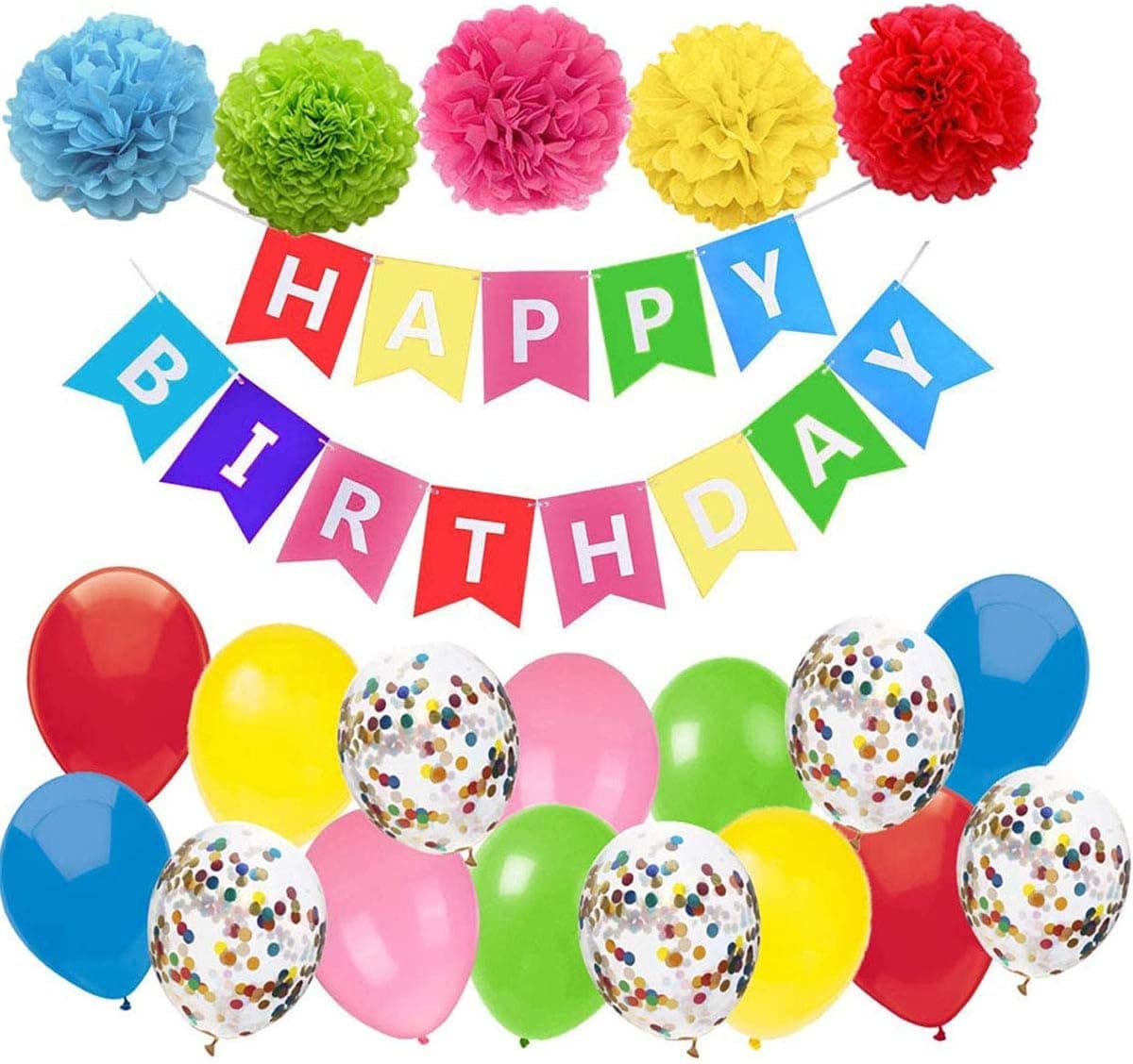 Spedol Happy Birthday Banner with Paper Flowers Paper Flag Balloons for Birthday Decorations (C01-Colorful)