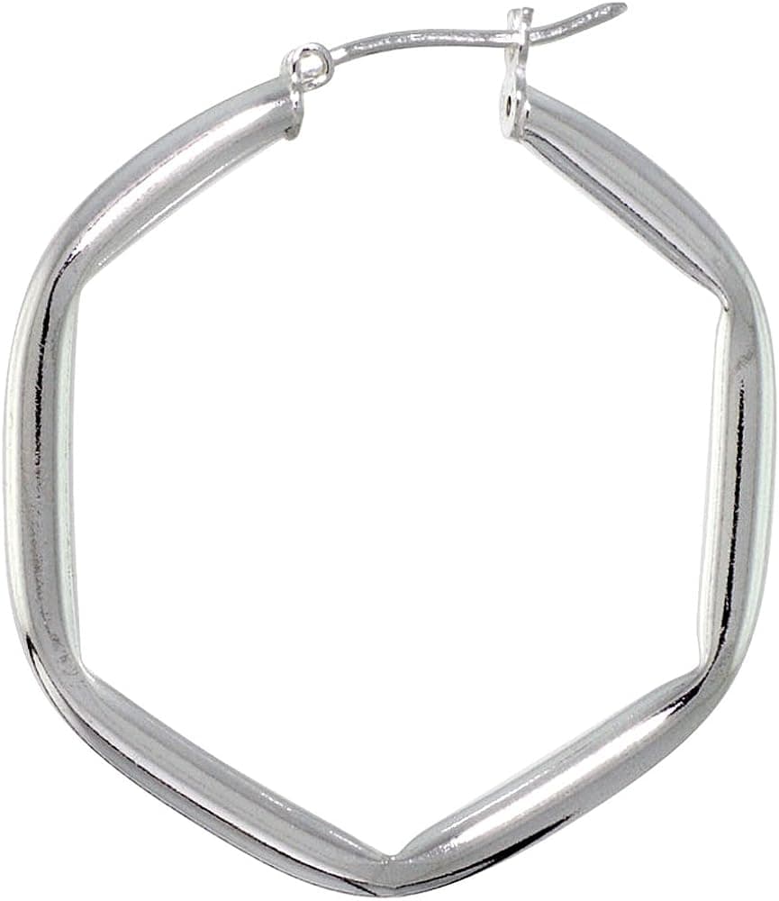 Sterling Silver Click top 1 1/2 inch Hexagon Hoop Earrings for Women 3mm Tubing 37mm tall
