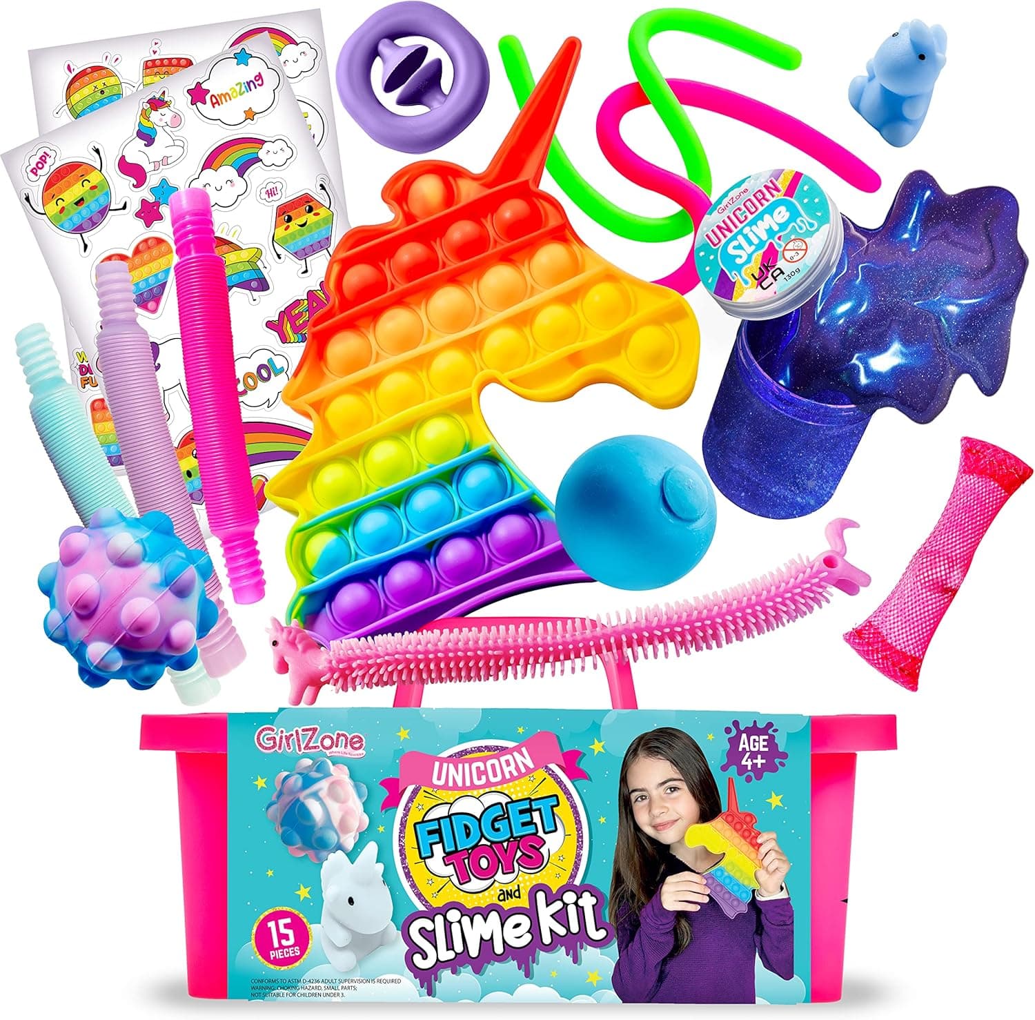 GirlZone Unicorn Fidget Slime Surprise Kit for Girls, Sensory Fidget Toys and Slime for Girls Set with Premade Kids Slime, Pop It and Stress Ball