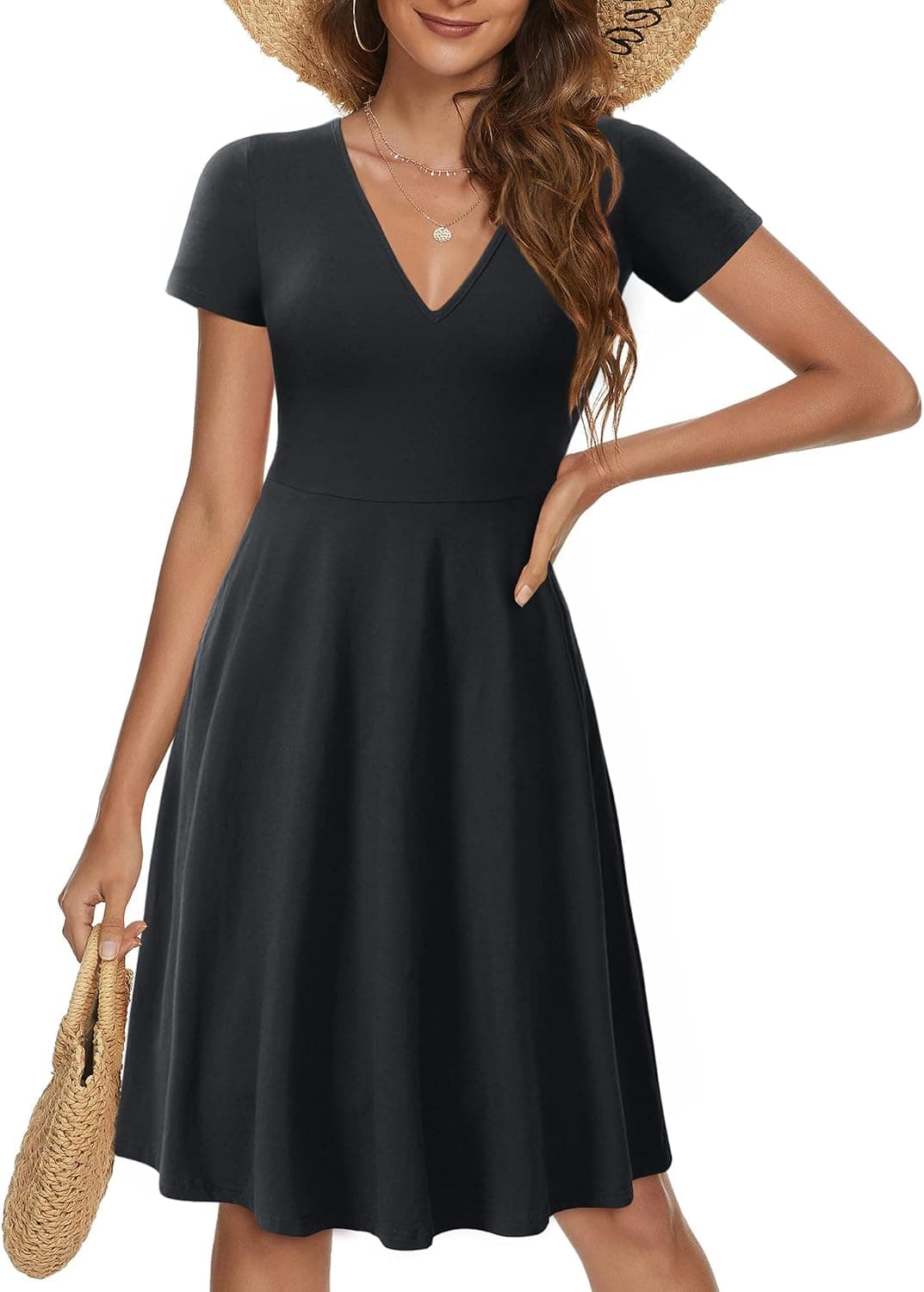 FENSACE Womens V Neck Short Sleeve Casual Flare Knee Length Empire Waist Skater Dress