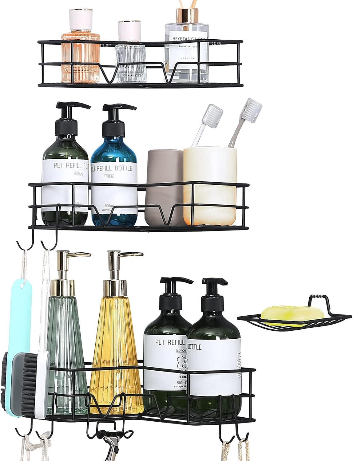 Wowelife Corner Shower Caddy with Soap Holder and Shaver Hook for Bathroom, No Drilling Traceless Adhesive Shower Wall Basket Shelves, Rustproof Shower accessories (Stainless Steel 3×Shower Shelves)