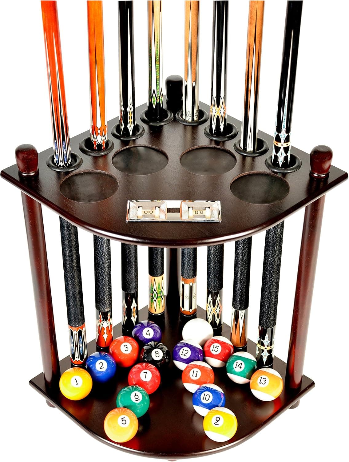 Iszy Billiards Cue Rack Only - 8 Pool Billiard Stick & Ball Floor Stand with Scorer Choose Mahogany, Dark Oak or Black Finish (Mahogany)