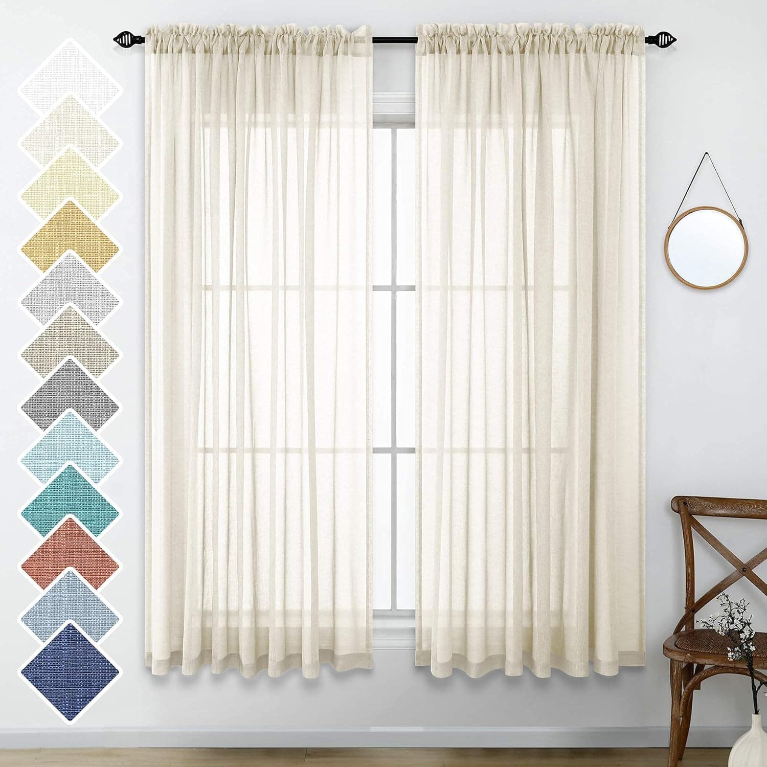 Neutral Linen Look Sheer Curtains 63 Inch Length Pair Set Light Filtering Semi Sheer Window Drapes for Bedroom Living Room Home Office Closet Backdrop Farmhouse Rustic Style Beach 52x63 Long Beige