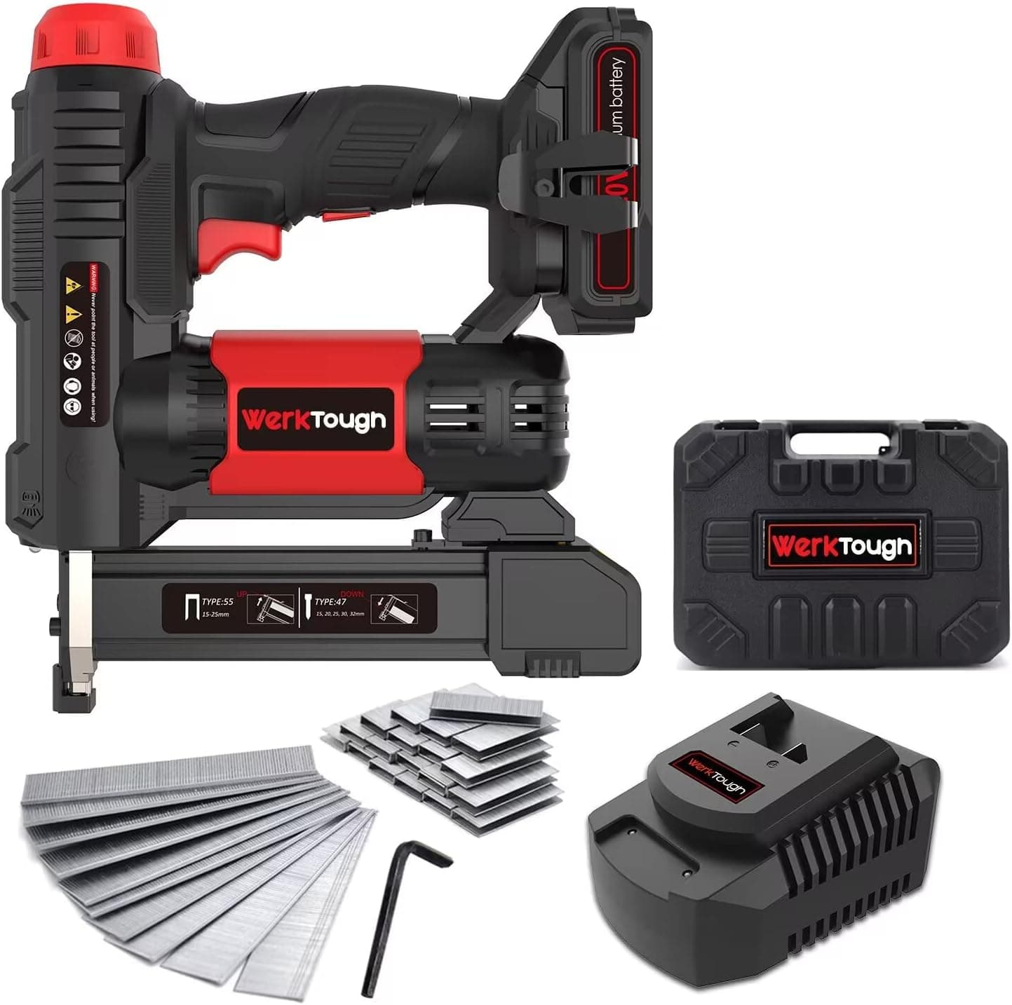 Powertough 20v Cordless Staple Gun Brad Nailer 2 in 1,1 Hour Fast Charger,2000MA Lithium Battery 2000pcs Free Staples(90 4/5”1000+18GA 1”x1000) in Tool Case