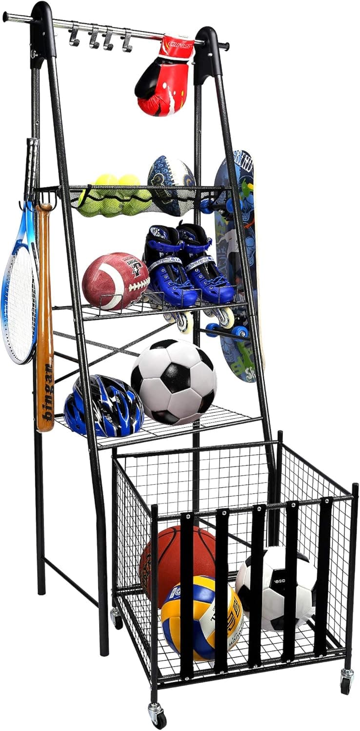 Mythinglogic 4-Tier Sports Equipment Storage Organizer for Garage,Rolling Sports Ball Storage Cart with Basket and Hanging Hooks, Garage Organizer and Storage for Sports Gear (Large)