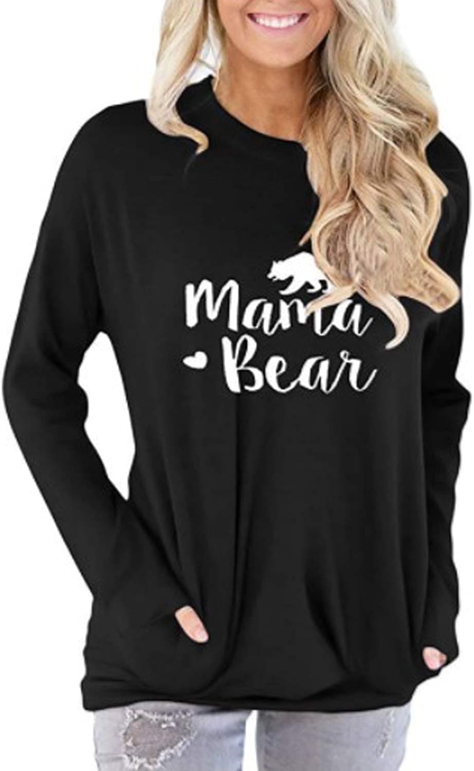 ALBIZIA Long Sleeve Sweatshirt for Women Mama Bear Printed Pullover Hoodie Tunic Top