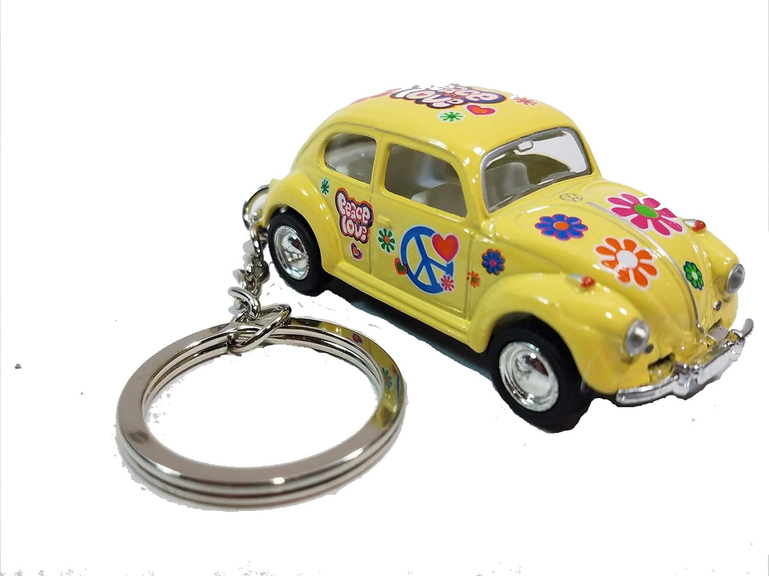 Kinsmart. Yellow Classic Love & Peace Volkswagen Hippie Beetle Keychain 1/64 Pastel Color Diecast Car
