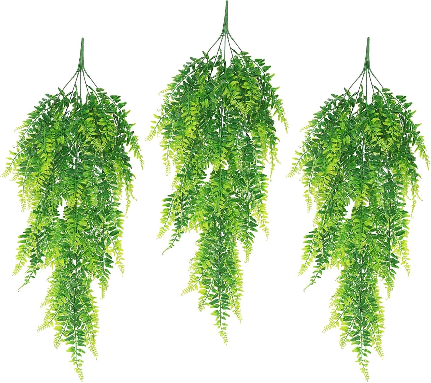 3Pcs Artificial Hanging Plants Boston Fern Plastic Fake Greenery for Wall House Room Indoor Outdoor Decoration (No Baskets)