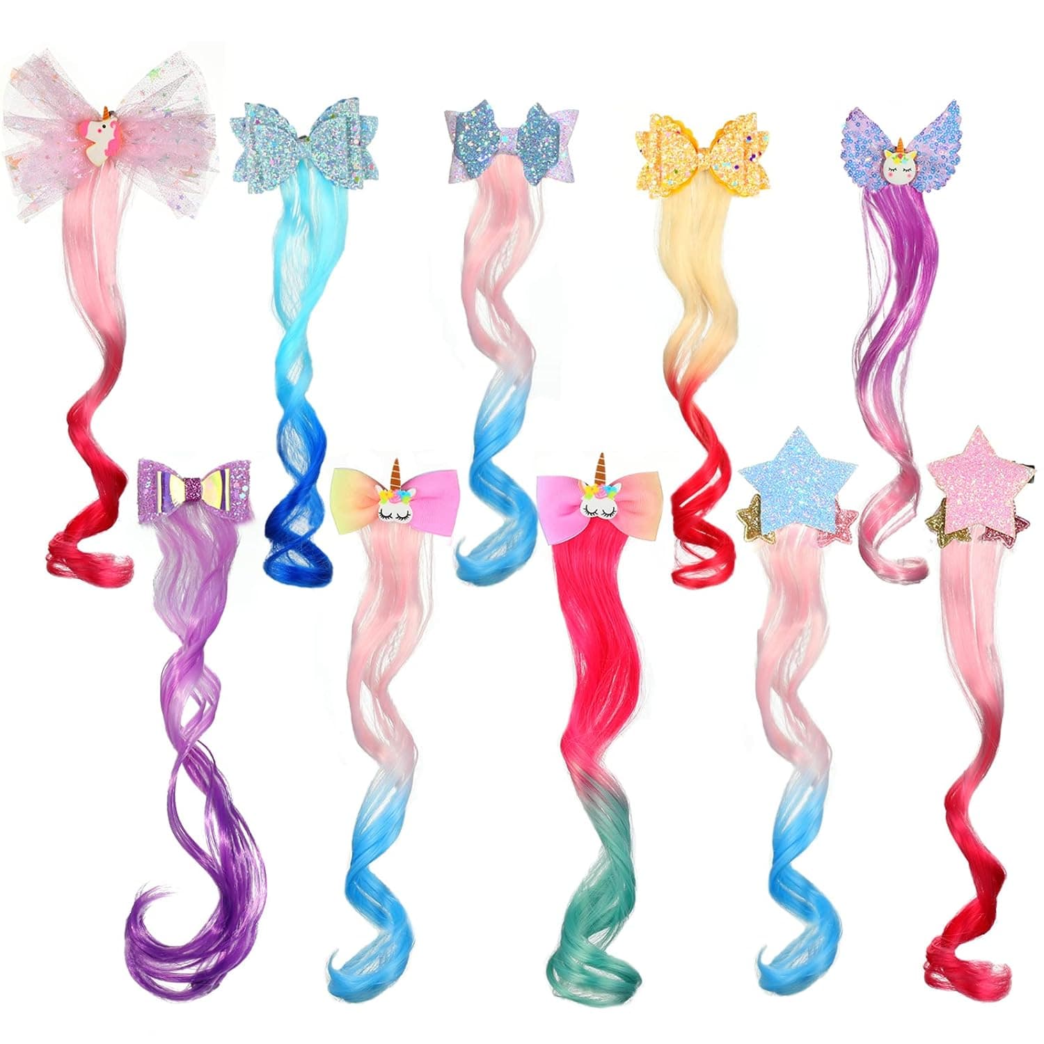 10 Pieces Colored Curly Hair Extensions with Bow Clips 12.6 Inch Braided Curly Wig Hair Unicorn Bow Hair Clip for Girls Kid Toddler Women Princess Dress up Accessories (Vivid Style)