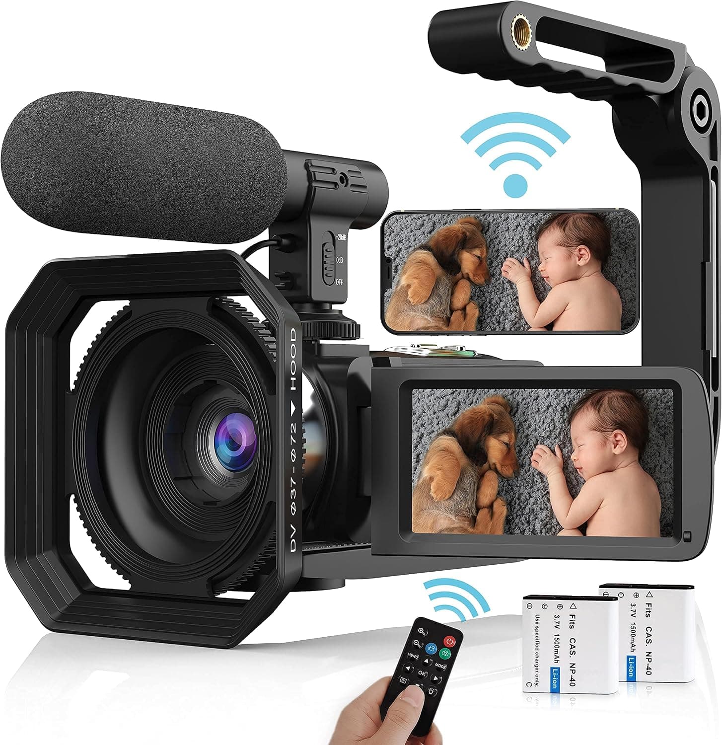 Video Camera Camcorder, 4K Vlogging Camera UHD 48MP WiFi YouTube Camera Recorder with Microphone, Remote, Stabilizer, Lens Hood Super1