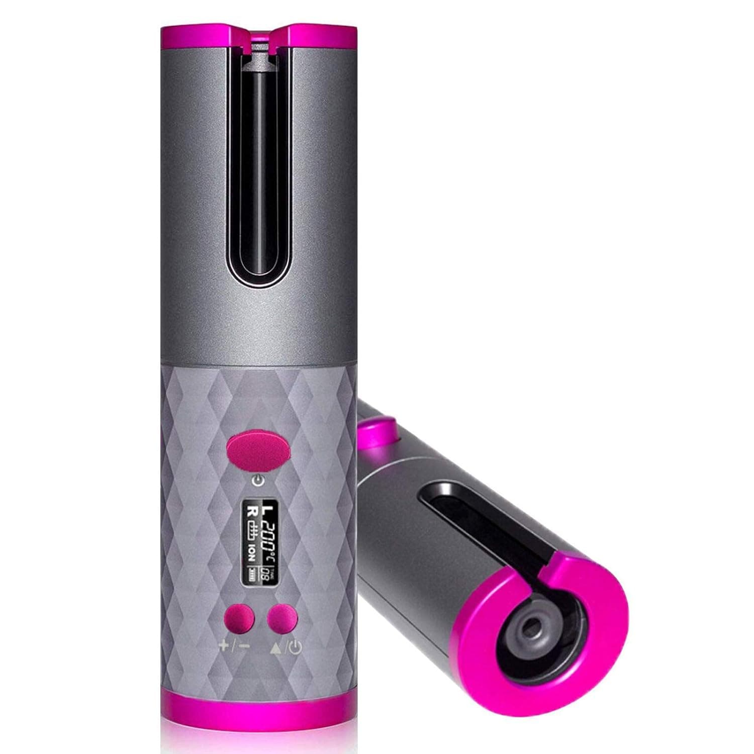 Cordless Automatic Hair Curling Iron Ceramic Rotating Hair Curler with 6 Temperatures and Timer Settings, Rechargeable Auto Shut-Off Hair for Curls or Waves (Gray)