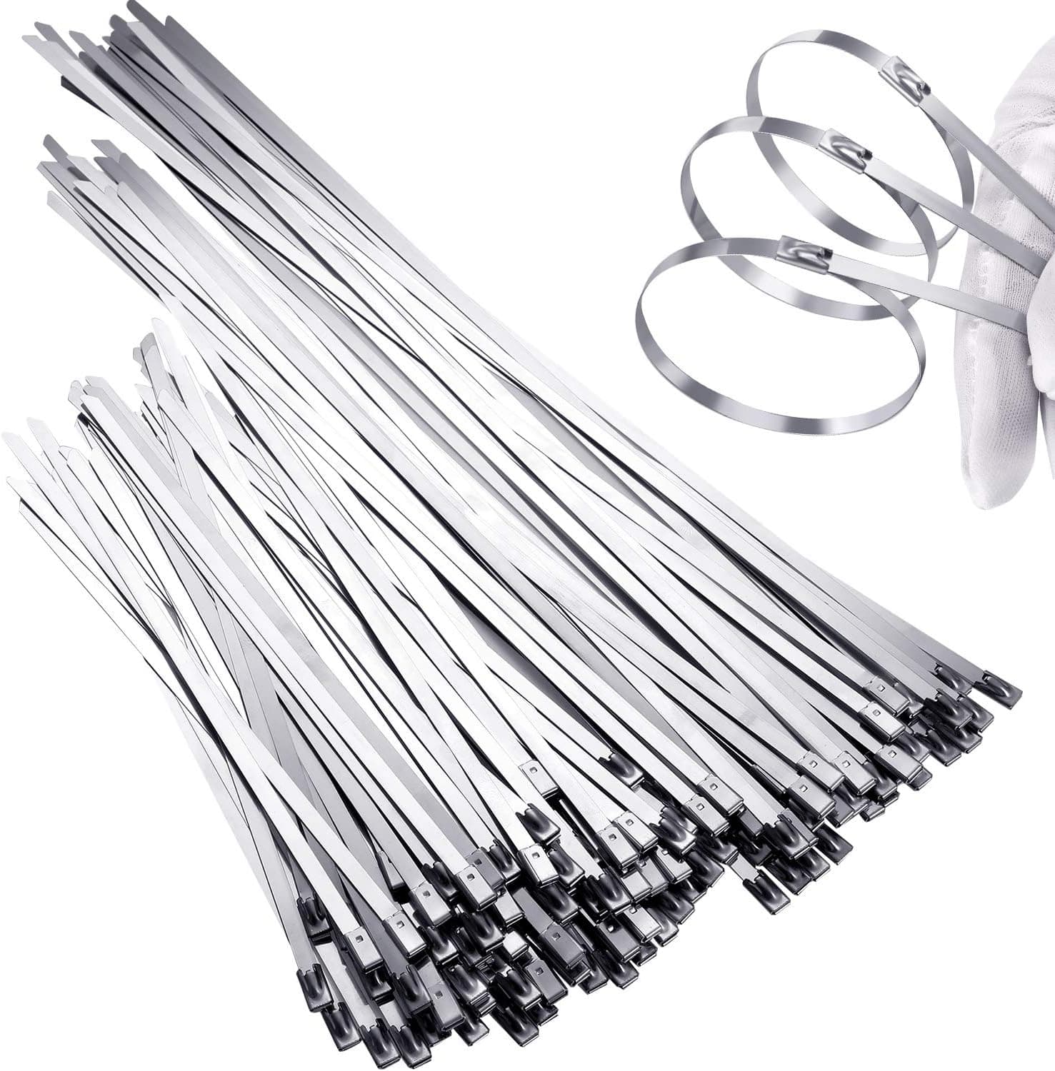 100 Pieces Assorted Size 14 Inch/ 12 Inch/ 8 Inch Length, 304 Stainless Steel Cable Zip Ties, Metal Zip Ties Multi-Purpose Exhaust Wrap, Coated Locking Cable