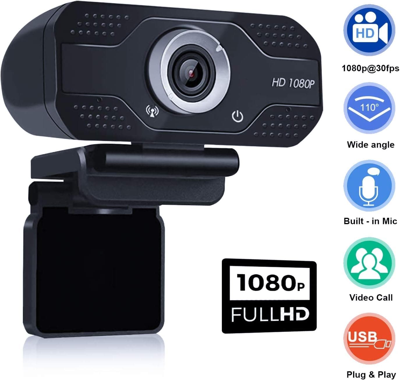 Webcam with Microphone, HD Webcam with Webcam Cover, 1080P pro Streaming Webcam for Video conferencing, YouTube and Recording, Go pro with Video Camera for Desktop Computer, Laptop and Gaming PC