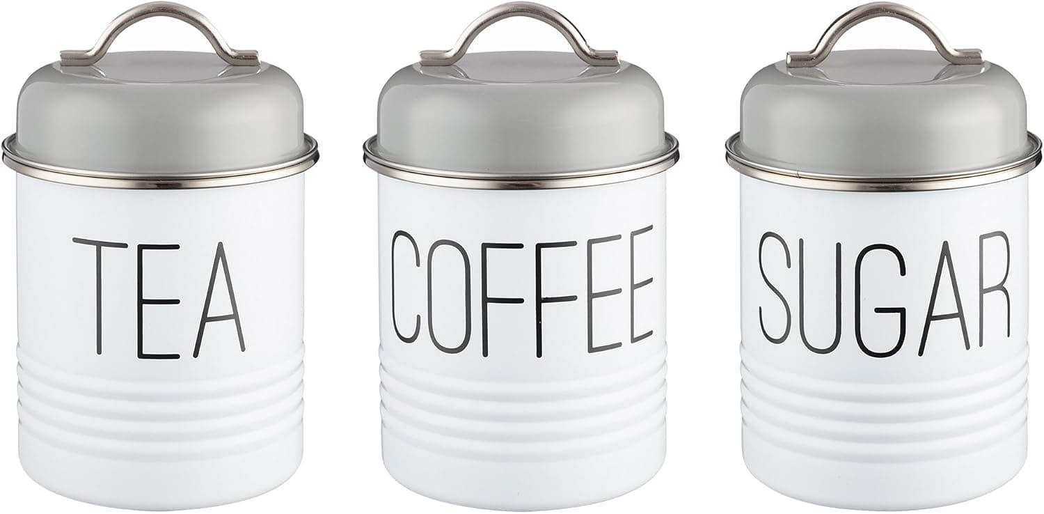 Typhoon Vintage Mayfair 1-Quart Coated Steel Canister Set with Airtight Lid; Set Contains Tea, Coffee and Sugar Canisters; Gray and White