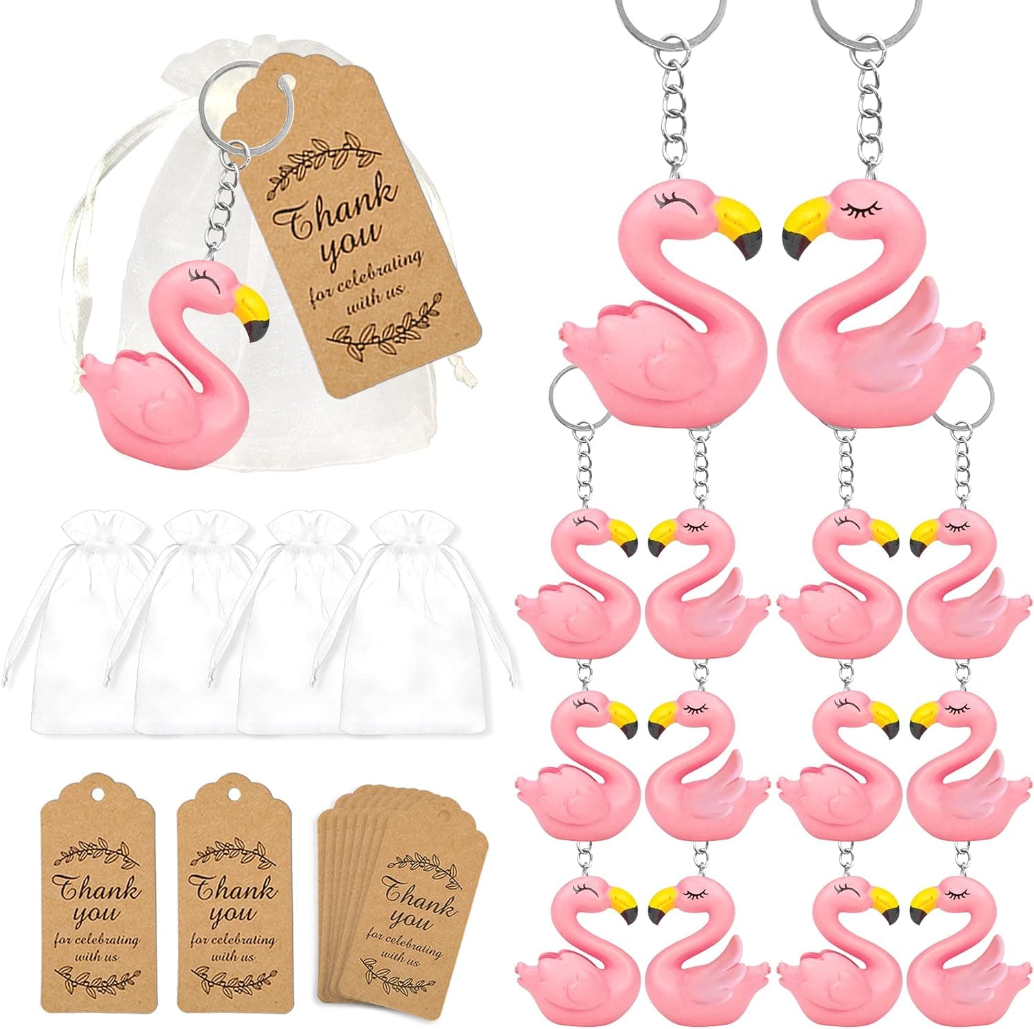 Flamingo Party Favors, Flamingo Keychain Goodie Bags 12 Sets with Cute Flamingo Key Ring Thank You Kraft Tags and Organza Bags for Flamingo Themed Birthday Party Hawaii Party Summer Holiday Party