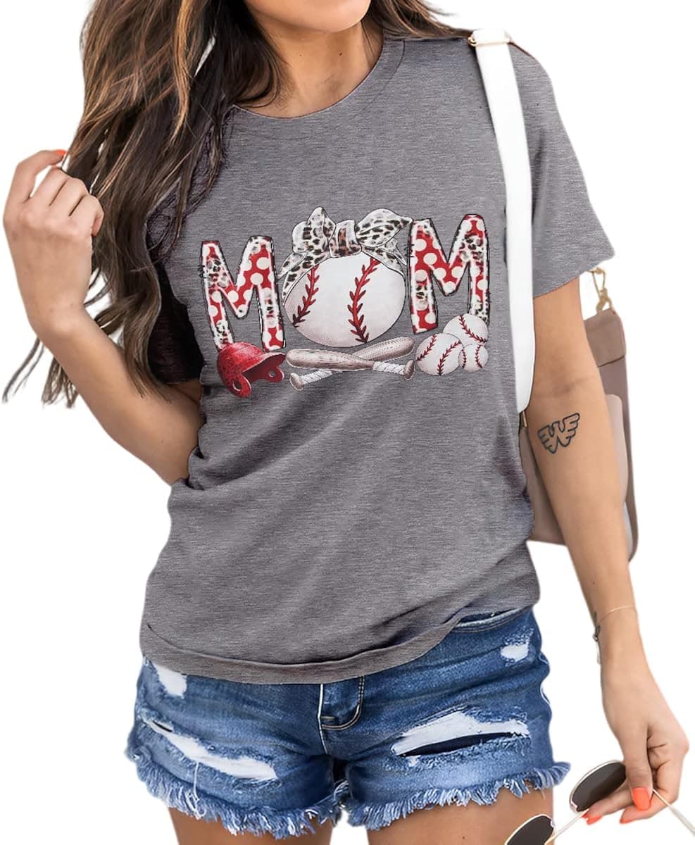 KEKEMI Baseball Mom Shirt Women Game Day Baseball Tees Casual Mama Ballgame Tshirt Leopard Mama Graphic Short Sleeve Tops