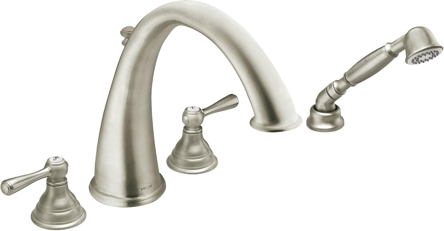 Moen T922BN Kingsley Two Handle Deck Mount Roman Tub Faucet Trim Kit Valve Required Including Single Function Handshower, One Size, Brushed Nickel