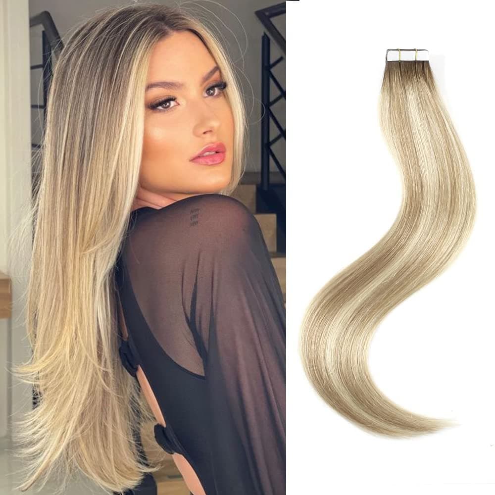 16 Inch Semi-permanent Tape in Attached Real Remy Human Hair Rooted Brown Fading to Chestnut Brown Highlights Light Brown Hair Extensions 50g 20pcs/set, #R3-15P/613