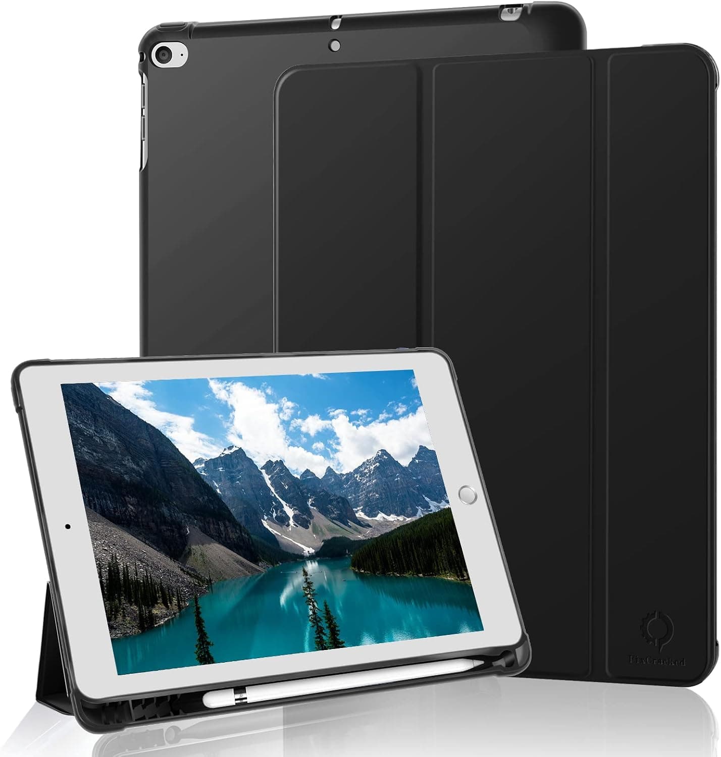 FixCracked 9.7 inch case for ipad 5th/ipad 6th（2017 and 2018 Model）, with Pencil Holder, Ultra-Thin Built-in Silicone TPU Soft Shell Protective Cover, with Smart Wake/Sleep Function (Black)