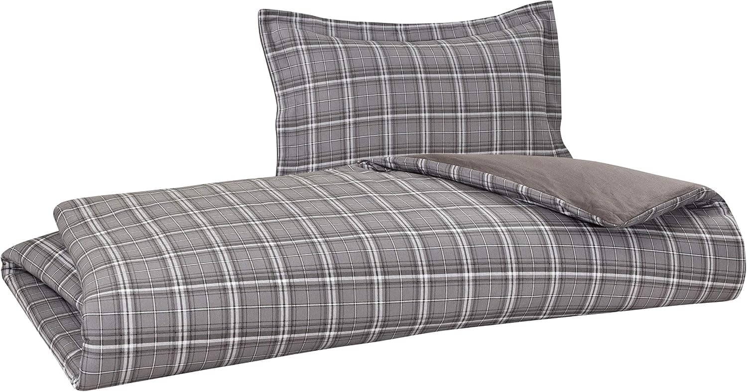 DELANNA Flannel Reversible Duvet Cover Set 100% Cotton 1 Duvet Cover 68" x 90" and 1 Pillow Sham 20" x 26" (Twin, Grey Plaid)