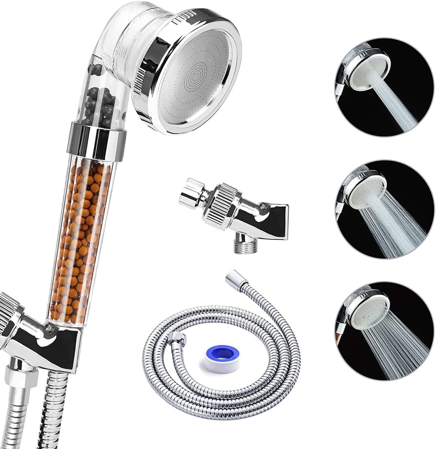 Shower Heads High Pressure, 3 Gears Handheld/Detachable Shower Head, Includes 304 Hose and Adjustable Bracket, 3-Layer Mineral Ball Filtered Shower Head, Suitable for Dry Oily Hair and Skin