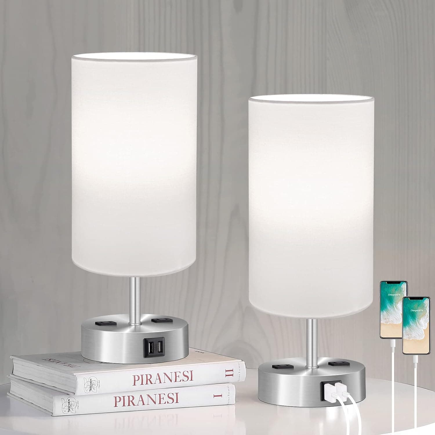 Touch Control Table Lamp Set of 2, 3-Way Dimmable Bedside Nightstand Lamps with 2 USB Ports & 2 AC Outlets, Modern Tabletop Lamps with White Shades, Desk Lamp for Bedroom Living Room, 2 Bulbs Included